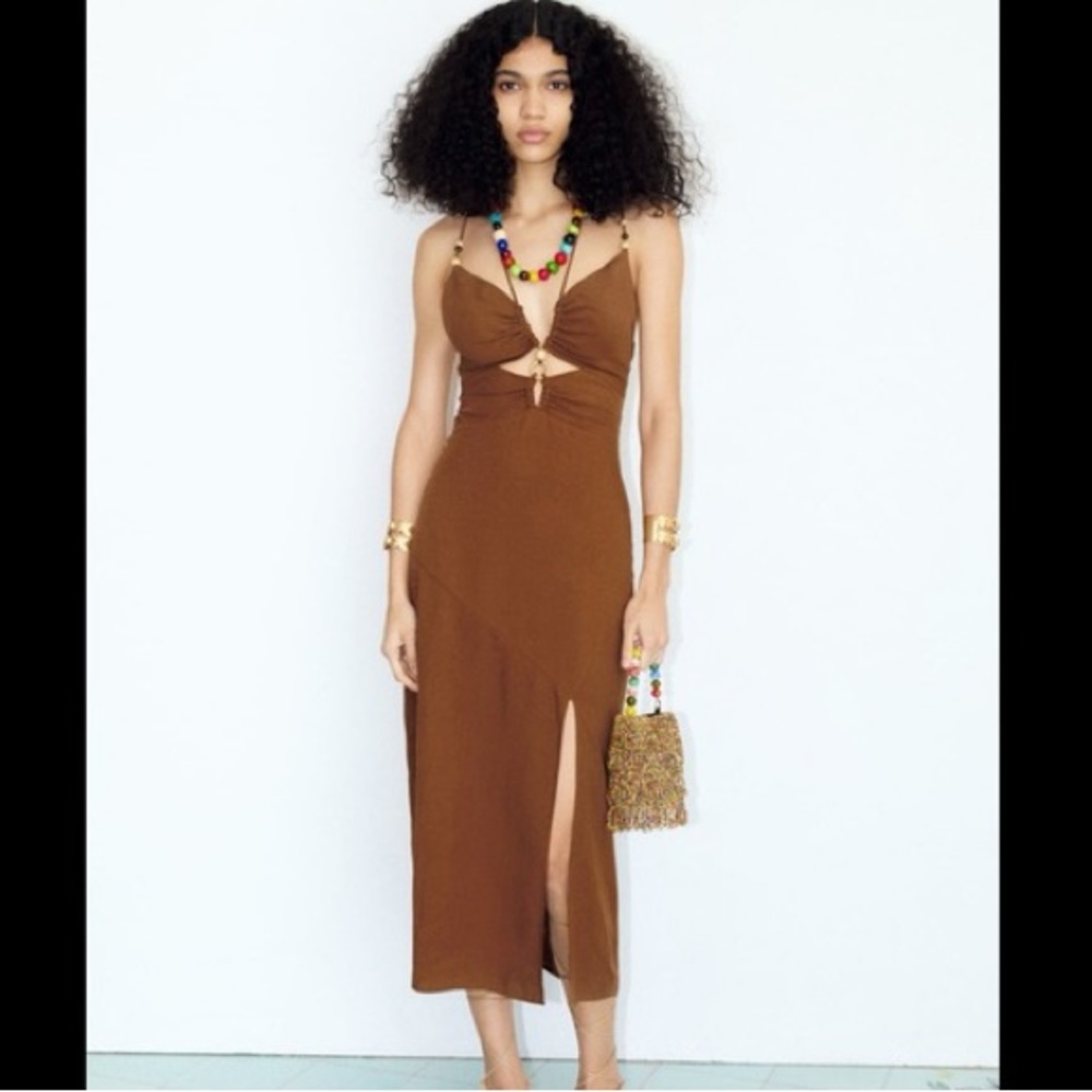 Zara Brown Linen Beaded Dress